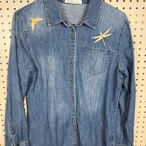 retro inspired embroidered denim button-down shirt – women’s medium bracket 8–10